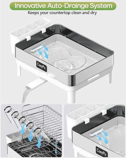 2 Tier Dish Drying Rack, Thicker Premium 304 Stainless Steel Dish Racks for Kitchen Counter, Automatic Drainage Spout, Dish Drainer & Drainboard Set with Utensil Holder and Cup Holder, White - Image 5