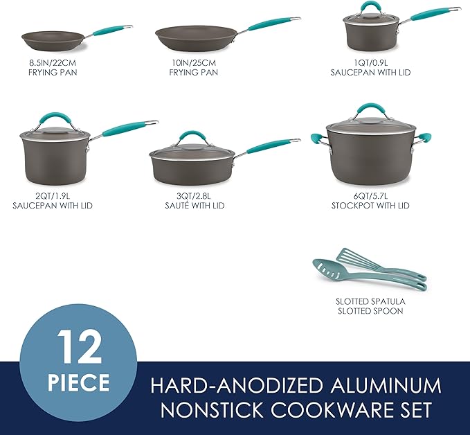 Rachael Ray Cucina Hard Anodized Nonstick Cookware Pots and Pans Set, 12 Piece, Gray with Blue Handles - Image 2