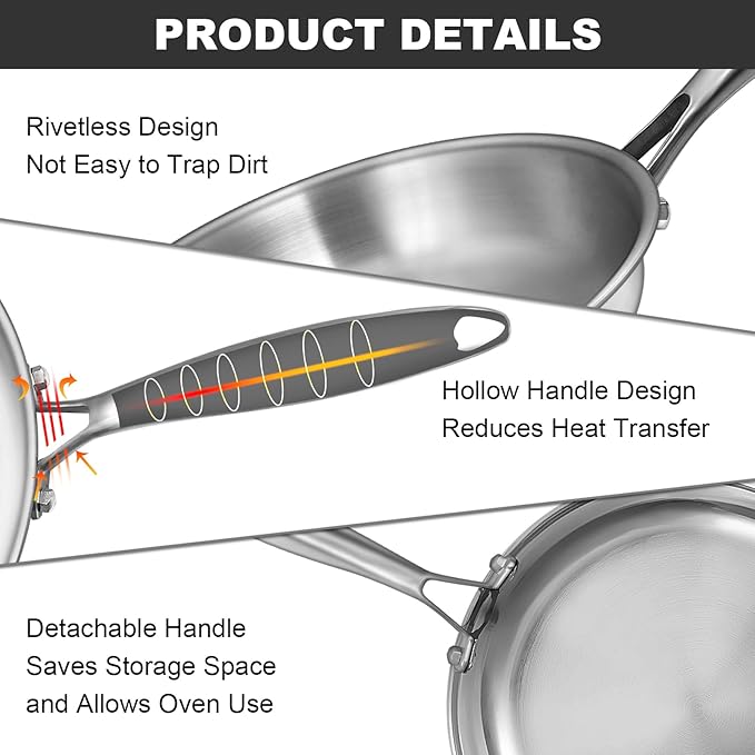 EWFEN Tri-Ply Stainless Steel Frying Pans Set, 8”/10”/12” Cooking pans, PFOA&PTFE Free Skillet, Induction Cooking Pan, Dishwasher and Oven Safe, Fast & Even Heat, Heavy Duty and Detachable Handle - Image 6