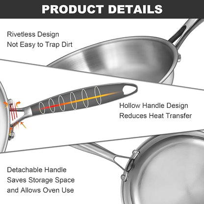 EWFEN Tri-Ply Stainless Steel Frying Pans Set, 8”/10”/12” Cooking pans, PFOA&PTFE Free Skillet, Induction Cooking Pan, Dishwasher and Oven Safe, Fast & Even Heat, Heavy Duty and Detachable Handle - Image 6