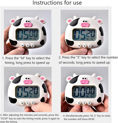 Kitchen Timer, Cute Cartoon Animal Countdown, Digital Cooking Timer with Magnetic, LCD Large-Screen Visual Clock, Hangable Alarm Clock with Stand，for Cooking Bake Sport Game (Cow)