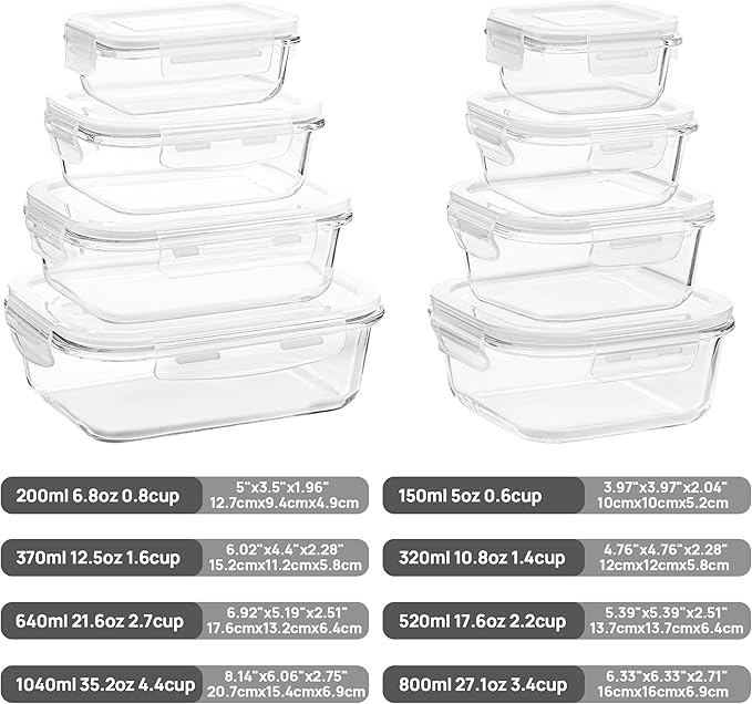 Vtopmart 8 Pack Glass Food Storage Containers with Airtight Lids, Glass Meal Prep Containers, Lunch Office Meal for Microwave, Oven, Freezer and Dishwasher, BPA Free - Image 2