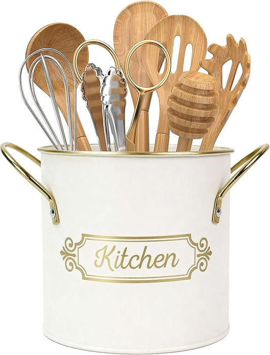 Kitchen Utensil Holder, 5.1" Metal Cooking Utensil Crock with with Removable Divider, Modern Farmhouse Kitchen Decor, Countertop Utensil Organizer for Spoons Cooking Tools