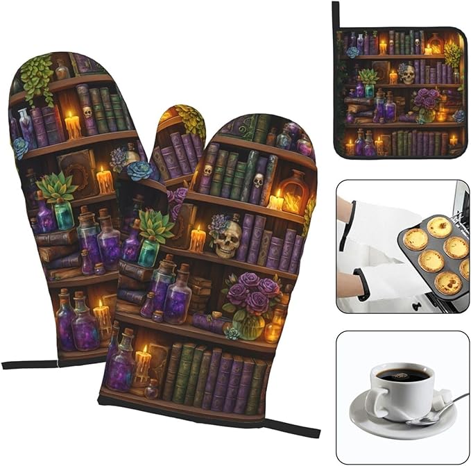 Witch Gothic Oven Mitts and Pot Holders Sets,Witchy Wicca Skull Baking Glovers Hot Pads,Mystical Heat Resistant Kitchen Mitts for Baking Cooking Grilling BBQ,Gothic Witchy Gifts for Women