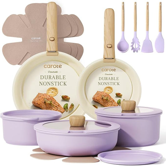 CAROTE Pots and Pans Set Non Stick, Cookware Sets, 19pcs Kitchen Set, Oven/Fridge Safe, Space Saving Pots Set, Nonstick Set with Versatile Removable/Detachable Handle, Induction RV Set, Purple by CAROTE
