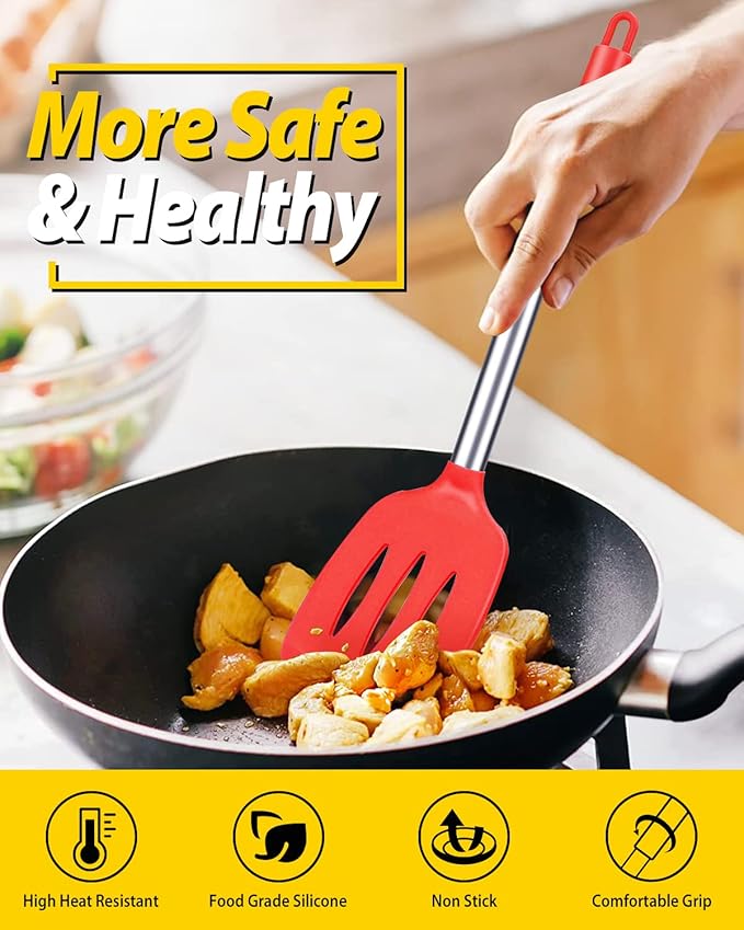 Pack of 2 Silicone Solid Turner, Non Stick Slotted Kitchen Spatulas, High Heat Resistant BPA Free Cooking Utensils, Ideal Cookware for Fish, Eggs, Pancakes(Red) - Image 5