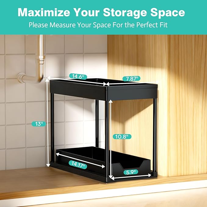 Under Sink Organizers 2 Pack, Pull-Out Sliding Cabinet Organizer with 2-Tier Storage Shelf & 4 Hooks, Multi-Purpose for Kitchen & Bathroom (13 Inch, Black) - Image 2
