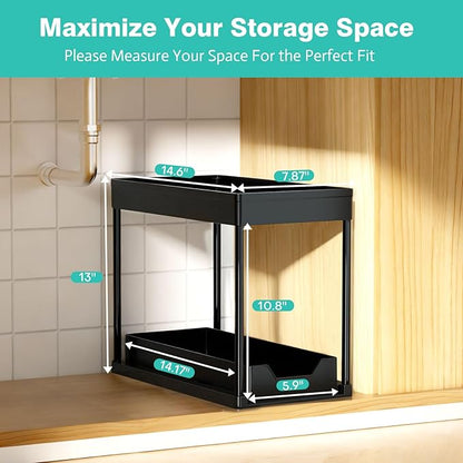 Under Sink Organizers 2 Pack, Pull-Out Sliding Cabinet Organizer with 2-Tier Storage Shelf & 4 Hooks, Multi-Purpose for Kitchen & Bathroom (13 Inch, Black) - Image 2