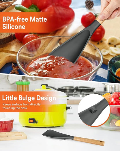 Cooking Spoon for Nonstick Cookwares, Great for Cooking and Serving Sturdy BPA-Free Matte Silicone, Wood Handle Spoon for Mixing, Scoop, and Scrape (2 Pack of Grey, 13.4 inch) - Image 5