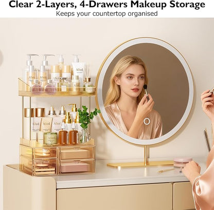 SNSLXH 4 Drawers Makeup Organizer - 4 Tier Makeup Storage, Cosmetics Organiser, Ideal for Cosmetic, 4 Dividers with Drawers for Countertop, Bathroom, Office Supplies, Dresser Transparent Tawny - Image 3