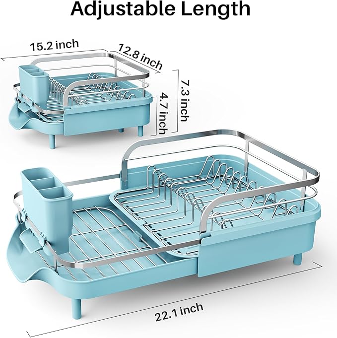SNTD Dish Drying Rack, Expandable Dish Rack for Kitchen Counter, Stainless Steel Dish Drainer with Drainboard Set and Utensil Holder (Blue) - Image 2