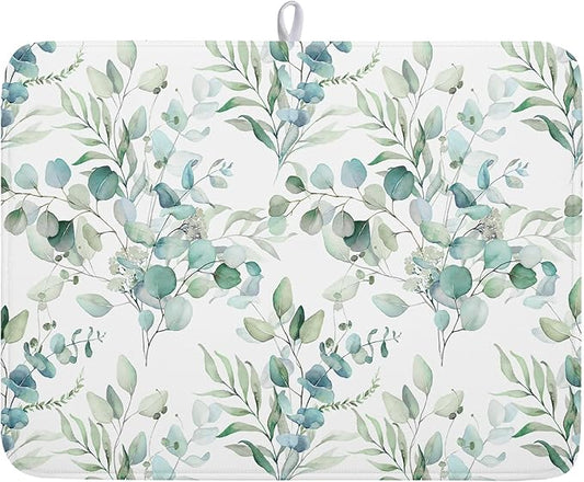 Sage Green Leaves Dish Drying Mats for Kitchen Counter 18x24 Inch, Leaves Kitchen Drying Mat,Watercolor Herbs Dishes Pad Dish Drainer Rack Mats Absorbent Fast Dry Kitchen Accessories