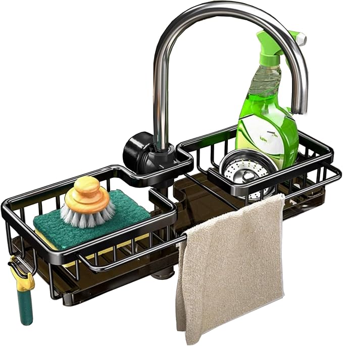 Sink Organizer Rack for Kitchen and Bathroom,Stainless Steel Detachable Hanging Faucet Drain Rack with Drip Tray Faucet Sponge Holder for Bathroom (Black, L&R as One) by GCFTIFF