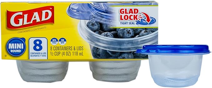 Glad GladWare Mini Round Food Storage Containers with Lids, Small BPA Free Reusable Plastic Snack Containers with Lock Tight Seal for Lunch, Portion Control, and On the Go, 4 Oz, 8 Count by GladTrashFoodStorage