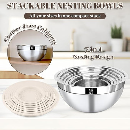 Mixing Bowls with Lids Set - 7PCS Nesting Mixing Bowls, Lids, Stainless Steel Mixing Bowls for Mixing, Baking & Meal Prep, Dishwasher Safe, Size 0.7/1.1/1.5/2.1/3.5/4/4.5 QT, Khaki - Image 4
