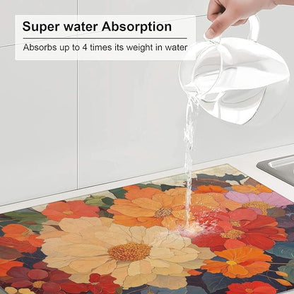 Colorful Floral Dish Drying Mat for Kitchen Counter, 18"x24" Microfiber Absorbent Fast Dry Mat, 2Pcs Dish Mat Faucet Mats Sets, Large Drying Kitchen Mat Kitchen Drying Pad Coffee Bar Decor Gifts