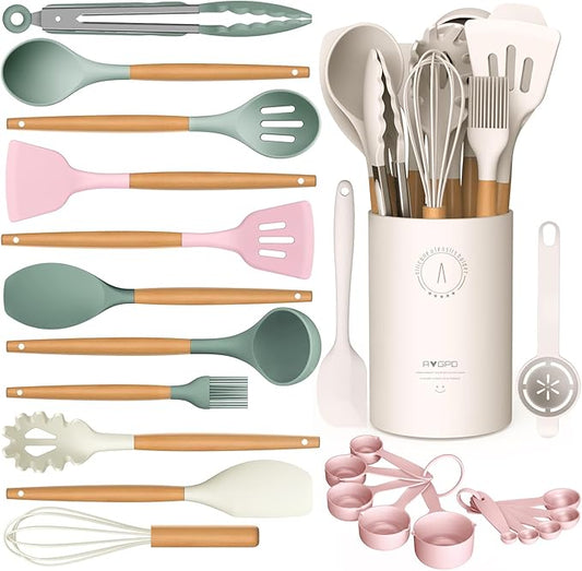 Silicone Cooking Utensils Set - AVGPD Silicone Kitchen Utensils for Cooking Wooden Handles, 446°F Heat Resistant Kitchen Utensil Spatula Sets, Gadgets for Non-Stick Cookware BPA FREE (Multicolour) by AVGPD