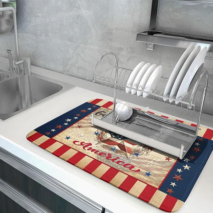 4th of July God Bless Dish Drying Mat for Kitchen Counter,American Flag Star Patriotic Independence Day Drying Mat 18 x 24 Inch with Absorbent Reversible Microfiber Drying Pad for Coffee Bar - Image 5