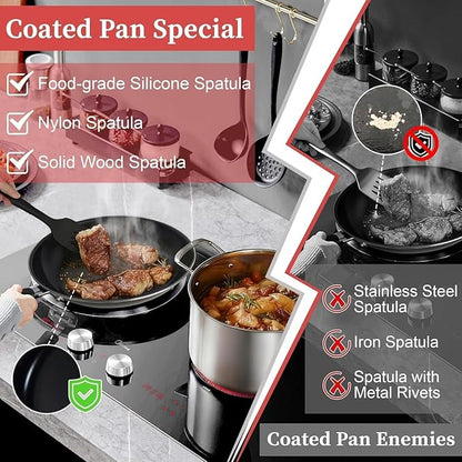 hunnycook Nonstick Frying Pan Set - Iron Frying Pan 3-Piece Set (8", 10", 12") + 2 Silicone Spatulas, With Premium Nonstick Coating, Up to 450°F, Skillet Suitable for Induction, Gas & More - Image 4