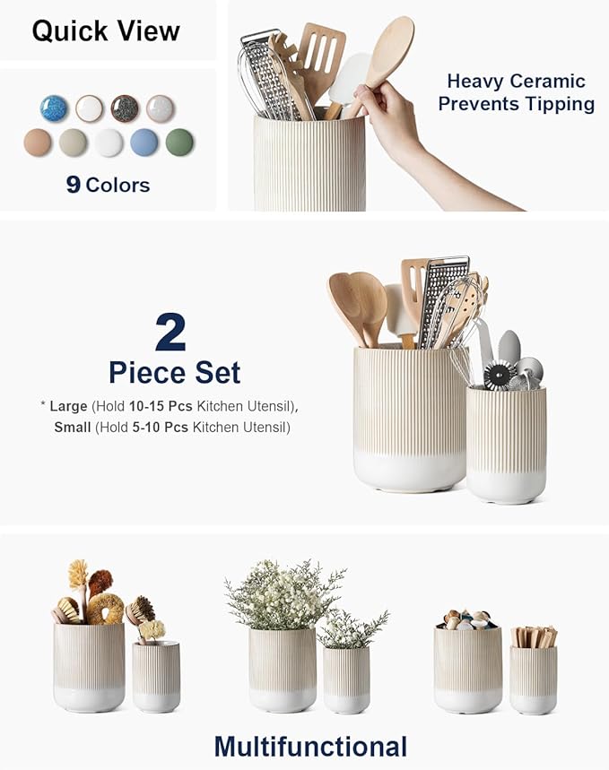 LE TAUCI Utensil Holder for Kitchen Counter, 7.3"+5.4" Fluted Ceramic Utensil Crock Organizer for Countertop, Heavy Large Holder for Spatulas, Spoons, Set of 2, Warm White Glaze - Image 2