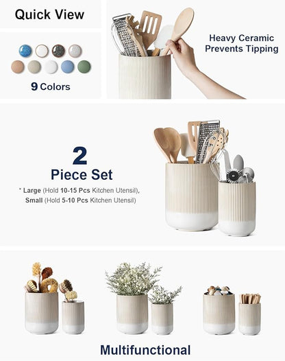 LE TAUCI Utensil Holder for Kitchen Counter, 7.3"+5.4" Fluted Ceramic Utensil Crock Organizer for Countertop, Heavy Large Holder for Spatulas, Spoons, Set of 2, Warm White Glaze - Image 2