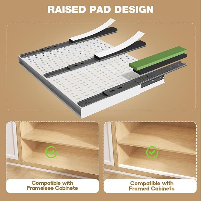 Seinloes 2 Pack Pull Out Cabinet Organizer With Raising Pad for Framed Cabinets,Expandable Width (15"-25") and Depth (17"-24"),3 Slide Rails Slide Out Drawers with Handle,No-Drill Roll Out Shelf,White - Image 3