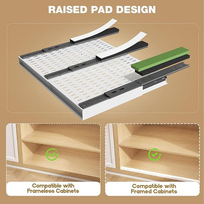 Seinloes 2 Pack Pull Out Cabinet Organizer With Raising Pad for Framed Cabinets,Expandable Width (15"-25") and Depth (17"-24"),3 Slide Rails Slide Out Drawers with Handle,No-Drill Roll Out Shelf,White - Image 3