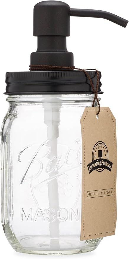 Jarmazing Products Mason Jar Soap Dispenser - Black - 16 oz Ball Mason Jar Liquid Dispenser for Kitchen & Bathroom - Glass - Dish Soap Dispenser with Rust Proof Stainless Steel Pump & Lid by JarmazingProducts