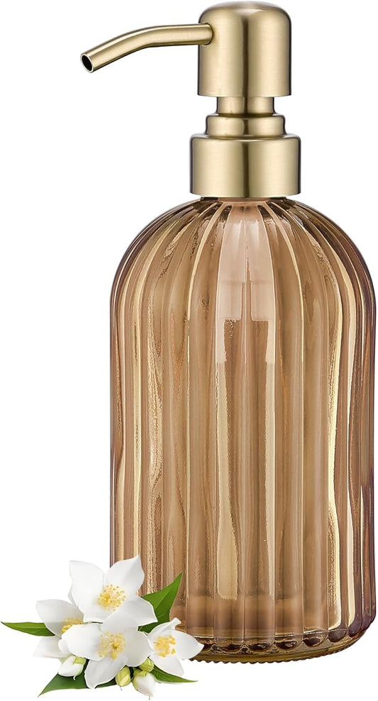 16 OZ Amber Glass Soap Dispenser, Amber Stripe Bathroom Hand Soap Dispensers with Stainless Steel Brushed Gold Pump,Brown Glass Kitchen Hand Soap Dispenser with Brushed Gold Pump