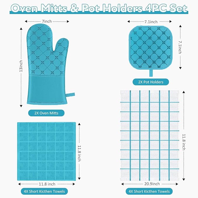 Oven Mitts Kitchen Towels Dishcloths with Pot Holders Sets 12PCS, Dish Towels Sets, Oven Gloves Pot Pads Heat Resistant 500 Degrees with Non-Slip Silicone Surface for Cooking Baking Grilling (Blue) - Image 2