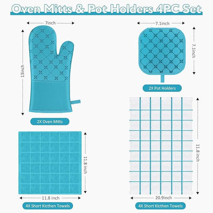 Oven Mitts Kitchen Towels Dishcloths with Pot Holders Sets 12PCS, Dish Towels Sets, Oven Gloves Pot Pads Heat Resistant 500 Degrees with Non-Slip Silicone Surface for Cooking Baking Grilling (Blue) - Image 2