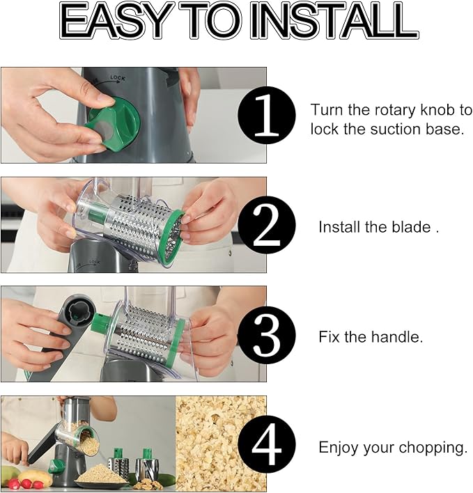 Ourokhome Rotary Cheese Grater Hand Crank, Kitchen Shredder Speed Mandolin Slicer Nuts Grinder with Handle and Drum Blades for Cheese, Vegetable, Walnuts, Chocolate, Potato, Carrot, 3 Blades, Gray - Image 5