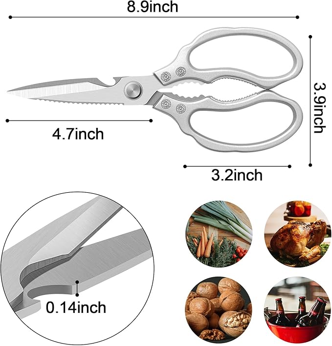 CGBE Kitchen Scissors, Multi-Purpose Kitchen Shears, Heavy Duty Dishwasher Safe Food Scissors for Chicken, Poultry, Fish, Meat & Herbs with Non-Slip Grips - Sliver - Image 3