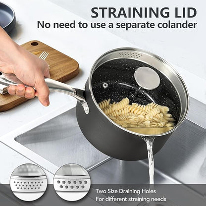 MICHELANGELO 3 Quart Saucepan with Lid, Hard Anodized Nonstick Sauce Pan with Strainer Lid & Pour Spouts for Easy Pour, Granite Derived Coating Sauce Pan for Cooking, Small Pot - 3 Qt Saucepan - Image 4