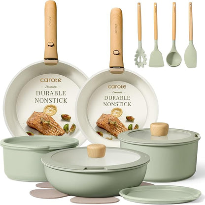 CAROTE Pots and Pans Set, Nonstick Cookware Set Detachable Handle, 19pcs Induction Kitchen Cookware Sets Non Stick with Removable Handle, RV Cookware Set, Oven Safe, Sage Green by CAROTE
