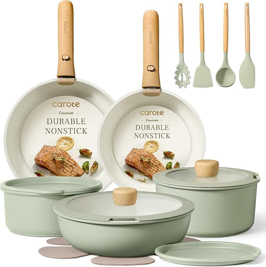 CAROTE Pots and Pans Set, Nonstick Cookware Set Detachable Handle, 19pcs Induction Kitchen Cookware Sets Non Stick with Removable Handle, RV Cookware Set, Oven Safe, Sage Green by CAROTE