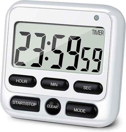 KTKUDY Digital Kitchen Timer with Mute/Loud Alarm Switch ON/Off Switch, 12-Hour Clock & Alarm, Memory Function Count Up & Count Down for Kids Teachers Cooking, Large LCD Display, Strong Magnet (White) by KTKUDY