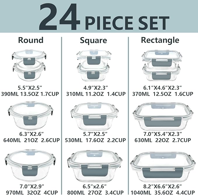 12 Pack Glass Food Storage Container Set with Lids Non Toxic, Stackable Borosilicate Glass Meal Prep Containers, Microwave, Oven, Freezer and Dishwasher Safe (Gray) - Image 2