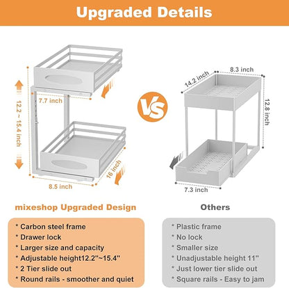 Under Sink Organizer, 2 Tier Under Sink Organizers and Storage, Adjustable Height, Slide out Metal Cabinet Organizers, Pull out Cabinet Storage Drawer Shelf for Kitchen Bathroom (White, 2 Pack) - Image 5