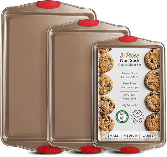 Baking Sheet Set, 3-Piece Cookie Sheet Set with Silicone Handles, Steel Baking Pans Set, Durable Baking Sheets for Oven, BPA Free Cookie Sheets for Baking Nonstick Set, Sheet Pan - Bronze Baking Pan by Eatex