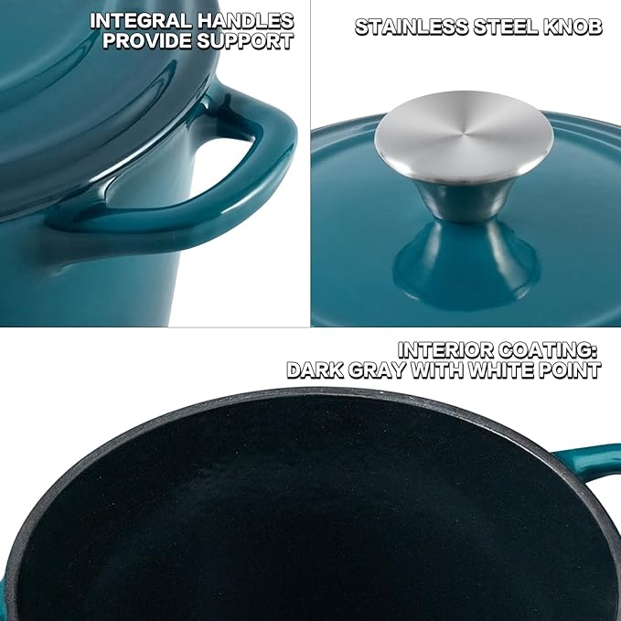 Flavehc Dutch Oven Pot with Lid 2.8 qt Cast Iron Dutch Oven for Bread Baking DarkCyan Enameled Cast Iron Rice Pot with Handels - Image 2