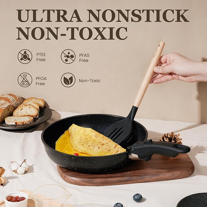 KIKCOIN Nonstick Pots and Pans Set 24 Pack - Kitchen Cookware Set with Detachable/Removable Handle - Cooking Pans Set with Frying Pans, Egg Pan - Stackable, Oven Safe, Induction Ready - Image 3