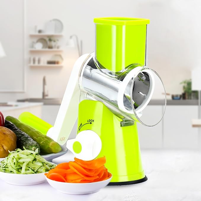 Cambom Rotary Cheese Grater Hand Crank Cheese Shredder for Fresh Cheese, Vegetable, Nuts,Non-slip Suction Base, Free Cleaning Brush Three Blades, Green - Image 6