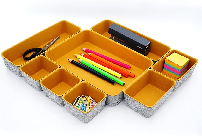Welaxy Felt Desk Drawer Organizer Trays, 8-Piece Storage Bins for Office Supplies, Entryway Catchall, Makeup & Decluttering (Curry) - Image 3