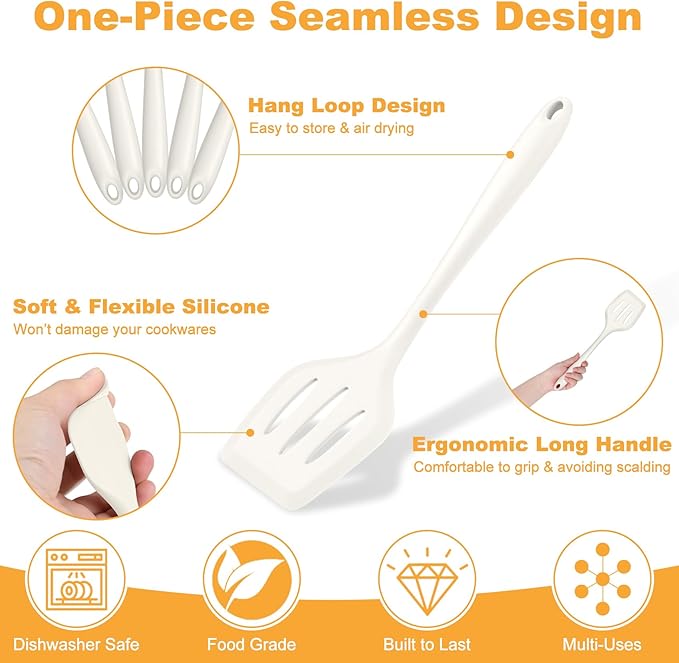 TeamFar Silicone Cooking Utensils Set, 7-Piece Heat Proof Kitchen Utensils Set, Kitchen Tools Spatula Turner Ladle Spoon Pasta Fork for Nonstick Cookware, Non-Toxic & Dishwasher Safe, White - Image 3