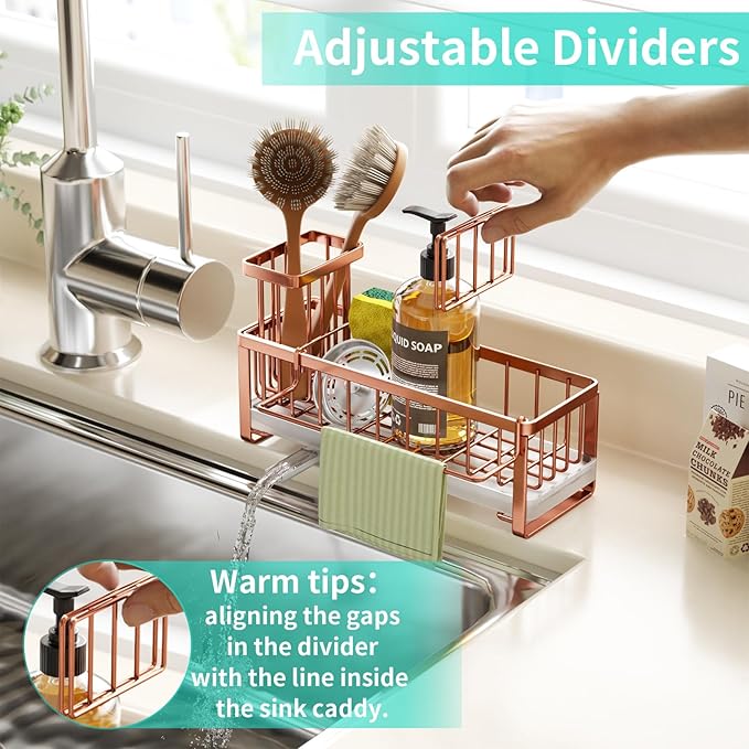 HapiRm Sponge Holder for Kitchen Sink - Self-draining Sink Caddy with Brush and Dishcloth Holders, Stainless Steel Kitchen Organizer for Countertop - Rose Gold - Image 4