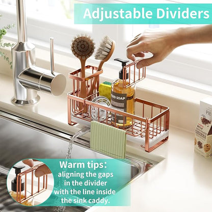 HapiRm Sponge Holder for Kitchen Sink - Self-draining Sink Caddy with Brush and Dishcloth Holders, Stainless Steel Kitchen Organizer for Countertop - Rose Gold - Image 4