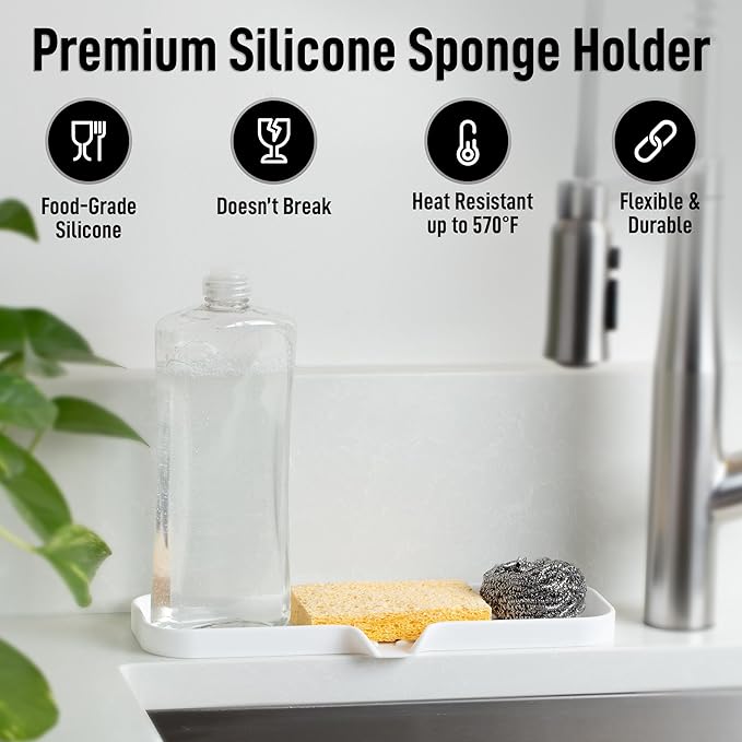 Zulay Kitchen Large Silicone Sponge Holder (12x4) – Flexible Sink Organizer Tray for Kitchen & Bathroom – Multipurpose Soap Dish for Sponges, Makeup, Trinkets & More (White) - Image 2