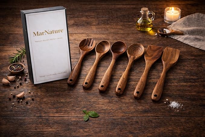 Teak Wood Kitchen Utensils Set – 6 Piece, Sustainable Teak Cooking Utensils, Non-Stick Safe, Heat Resistant Wooden Spoons & Spatulas