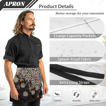 Server Apron with 3 Pockets, Waterproof Oil Waitress Waiter Half Apron for Restaurant Hotel Kitchen Cafe